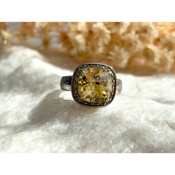 Citrine Cushion Cut Semi-Precious Halo 925 Sterling Silver Vintage Ring - sz 8 - Picture 11 of 13